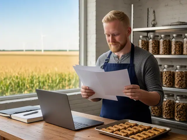 Bearded man in a navy apron reviewing papers in his dog-treat bakery with a laptop and a tray of bone biscuits
